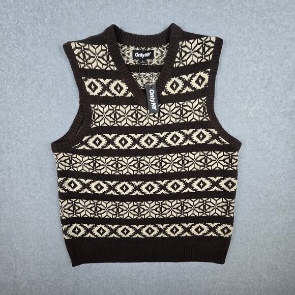 NWT OnlyNY Sweater Vest Mens Large V Neck 70% Lamb Wool Brown Beige - Picture 1 of 14
